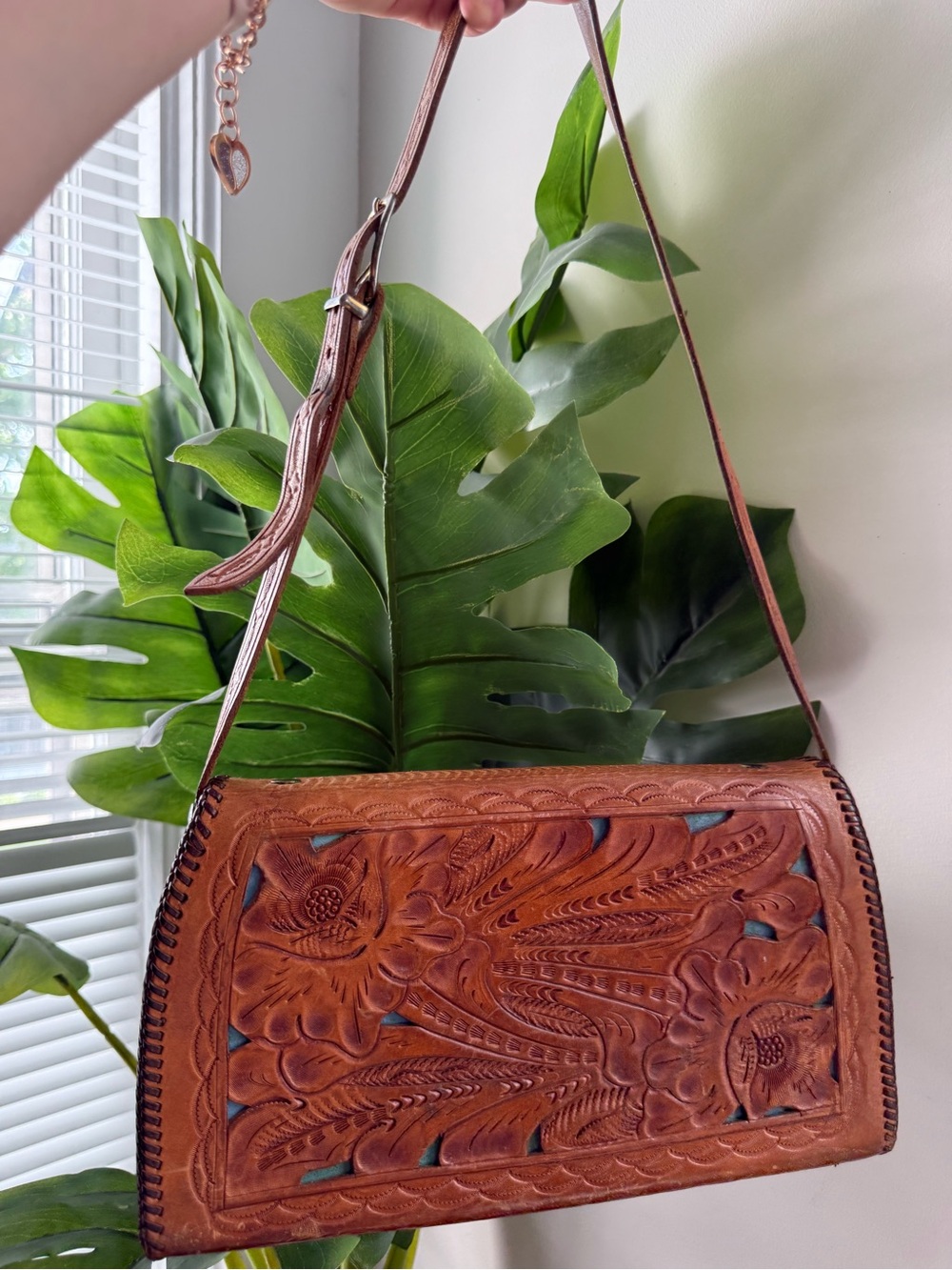 Hand-Tooled Leather Floral Crossbody Bag — Brown